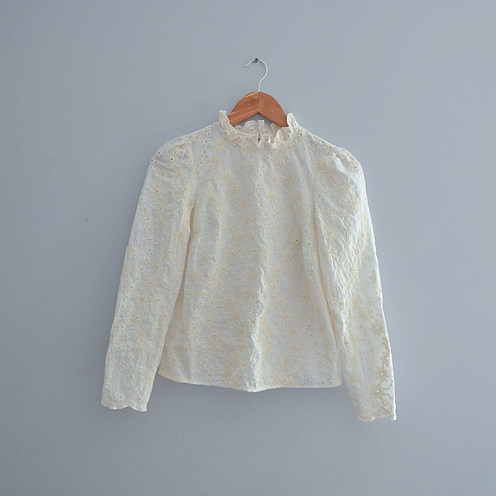 Women's Sezane Eglantine White & Cream Floral Embroidered Blouse Size 34/XS